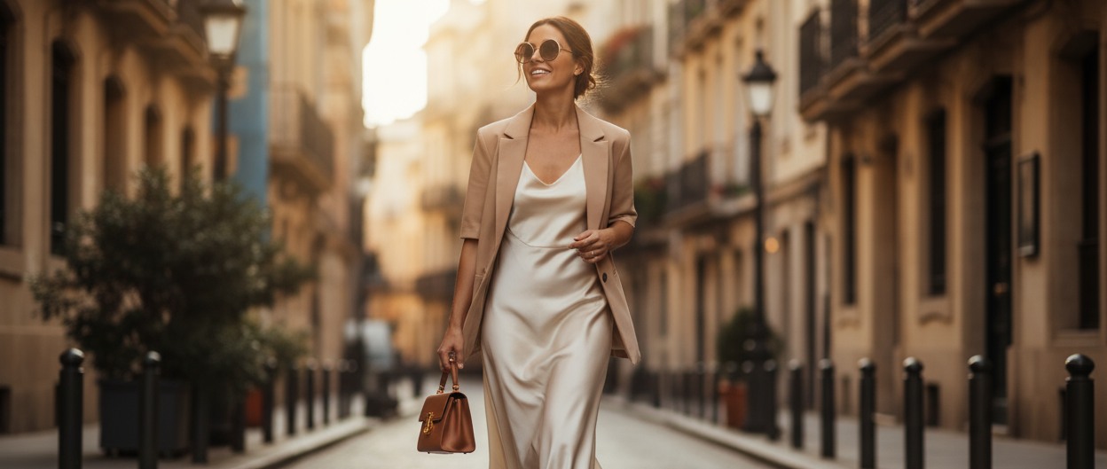 Haz un video con una chica vestida elelgante caminando en camara lenta transportando un bolso de estilo pequeño. La chica vavestida casual pero elegante y esta paseando por una calle.