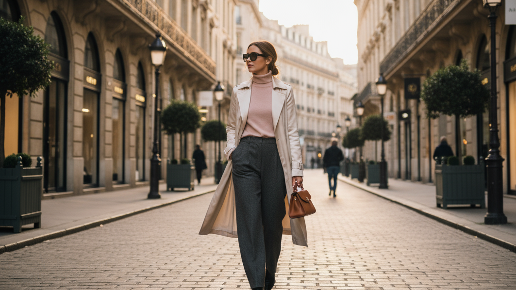 quiero una chica con un bolso pequeño de piel marron elegante cogido de la mano andando por una calle elegante, la chica va vestida elegante pero casual a la vez y ella se ve a lo lejos de la calle.ç